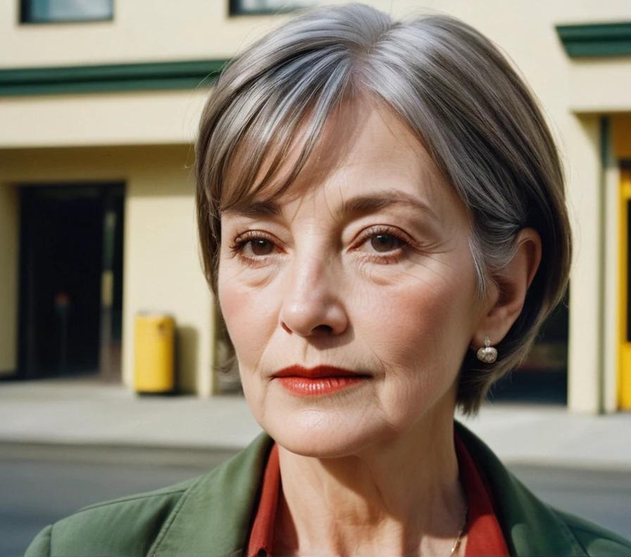 An older woman with a pixie cut, featuring a side-swept fringe that adds a soft, feminine touch.