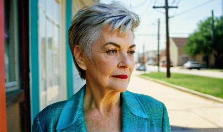 An older woman with a pixie cut featuring a textured top for added volume and movement.