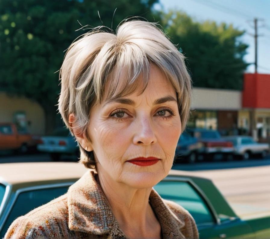 An older woman with a pixie cut featuring shaggy layers, creating a retro-inspired, textured look.