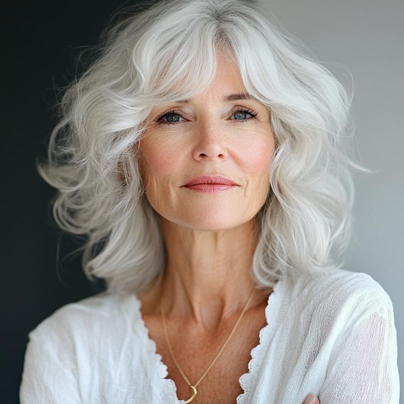 An older woman with a soft shag cut, featuring tousled layers that create a relaxed and chic vibe.