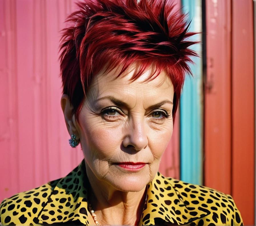 An older woman with a spiky pixie cut, exuding confidence and a rebellious spirit.