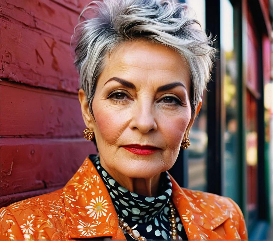 An older woman with a textured pixie cut, creating a stylish, edgy appearance with added volume.