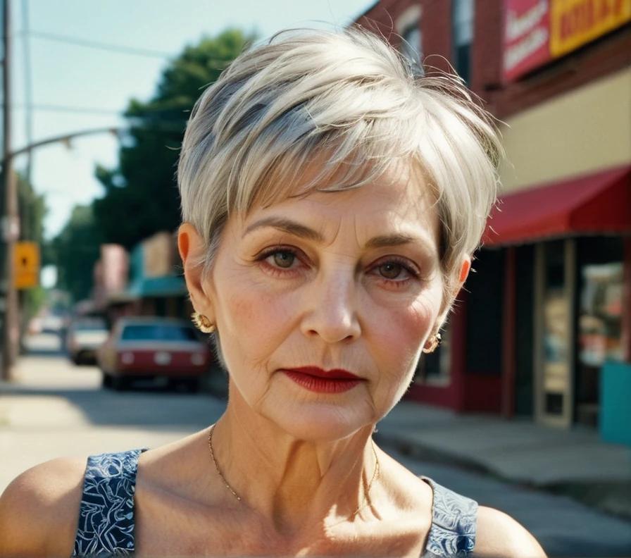 An older woman with a textured pixie cut, paired with an undercut for a modern, stylish appearance.