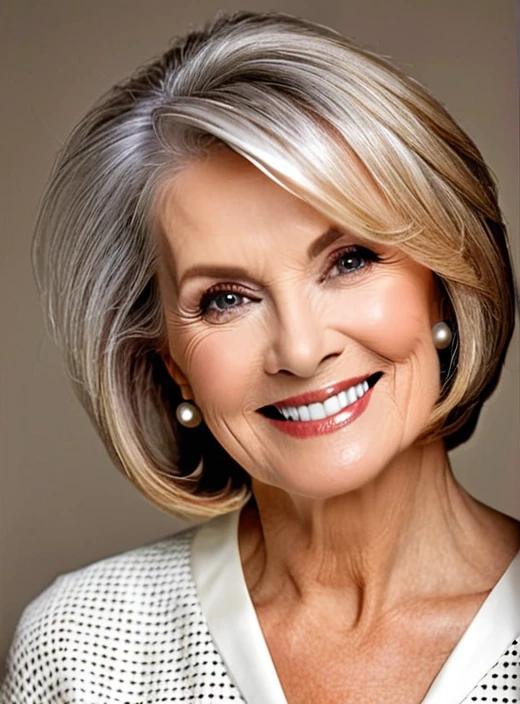 Angled lob medium-length hairstyle for women over 60, sleek and sophisticated with an angled cut.