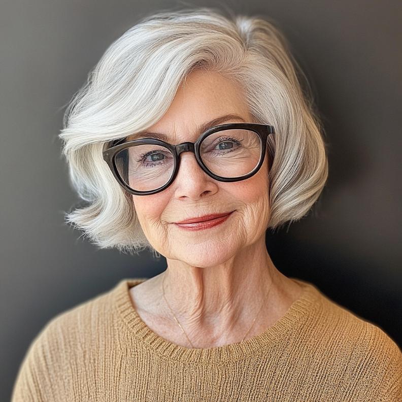 Asymmetrical bob for women over 70 with glasses, adding a chic and trendy flair to the overall look