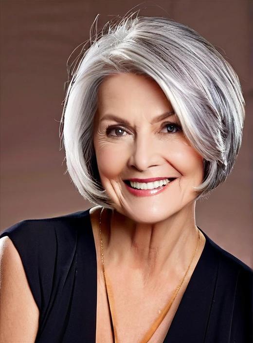 Asymmetrical bob medium-length hairstyle for women over 60, bold and unique with an uneven cut.