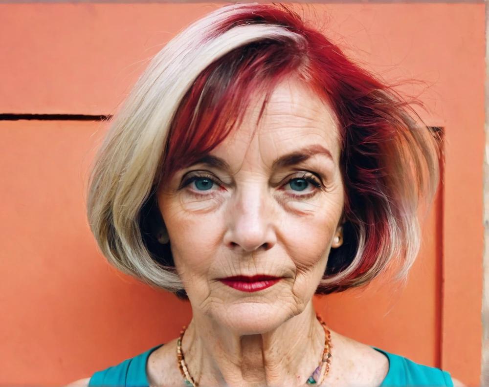 Asymmetrical bob on a 60-year-old woman, offering a bold, dynamic look with an eye-catching angle.