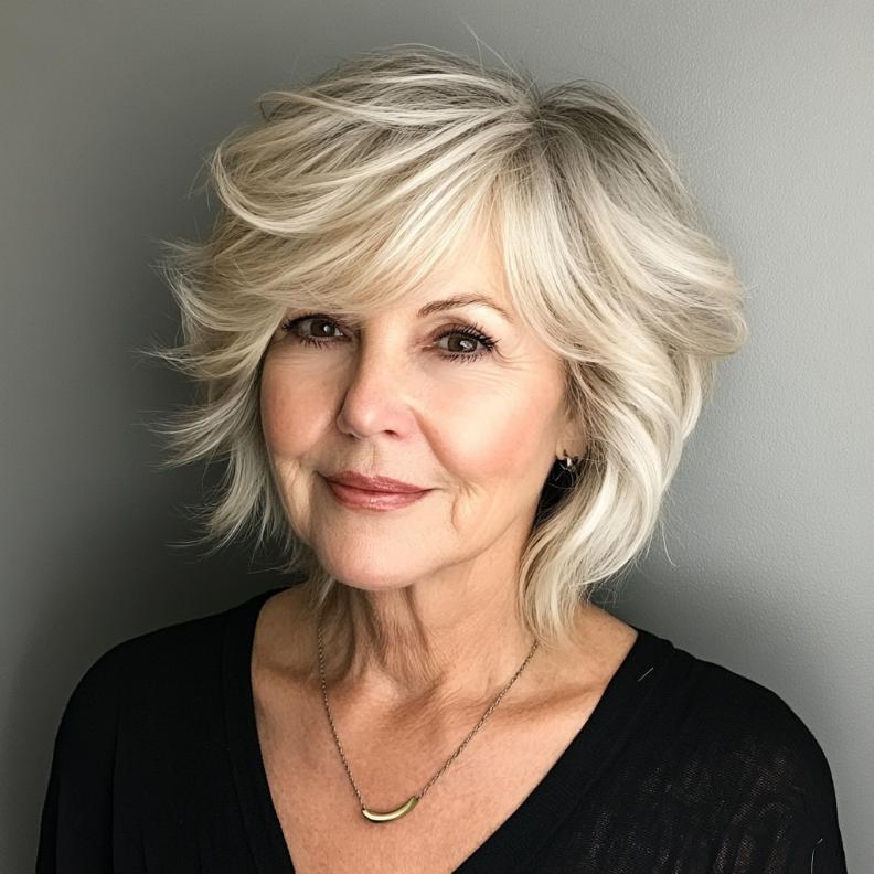 Asymmetrical shag hairstyle for women over 60 with a side part, adding a modern twist to the classic look