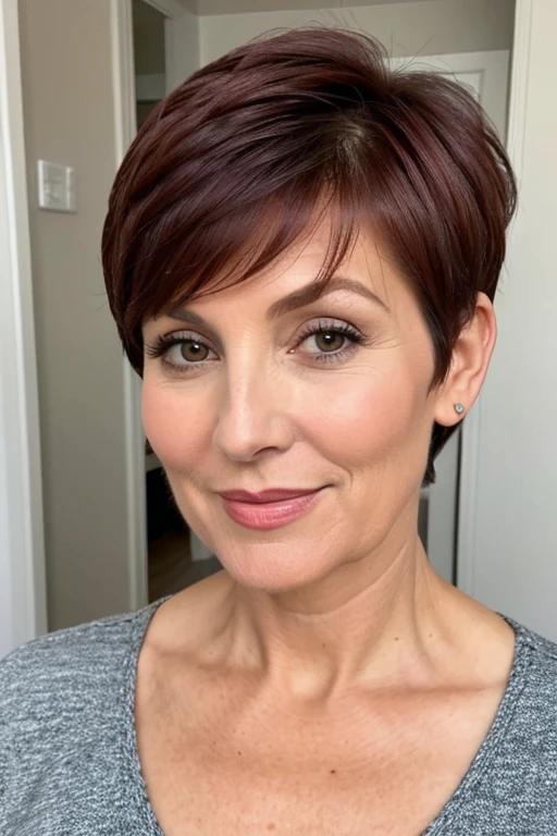 Auburn pixie cut for women over 50 with fine hair, showcasing rich color and elegant styling.