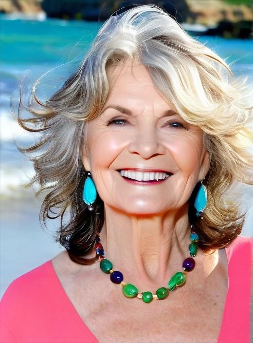 Beach waves medium-length hairstyle for women over 60, relaxed and carefree with beachy waves