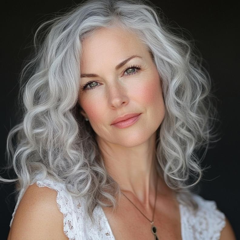 Beautiful gray soft curls with a middle part for women over 50, creating a classic and romantic look.