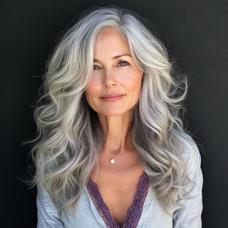 Beautiful gray soft layered waves for women over 50, creating a romantic and timeless look.