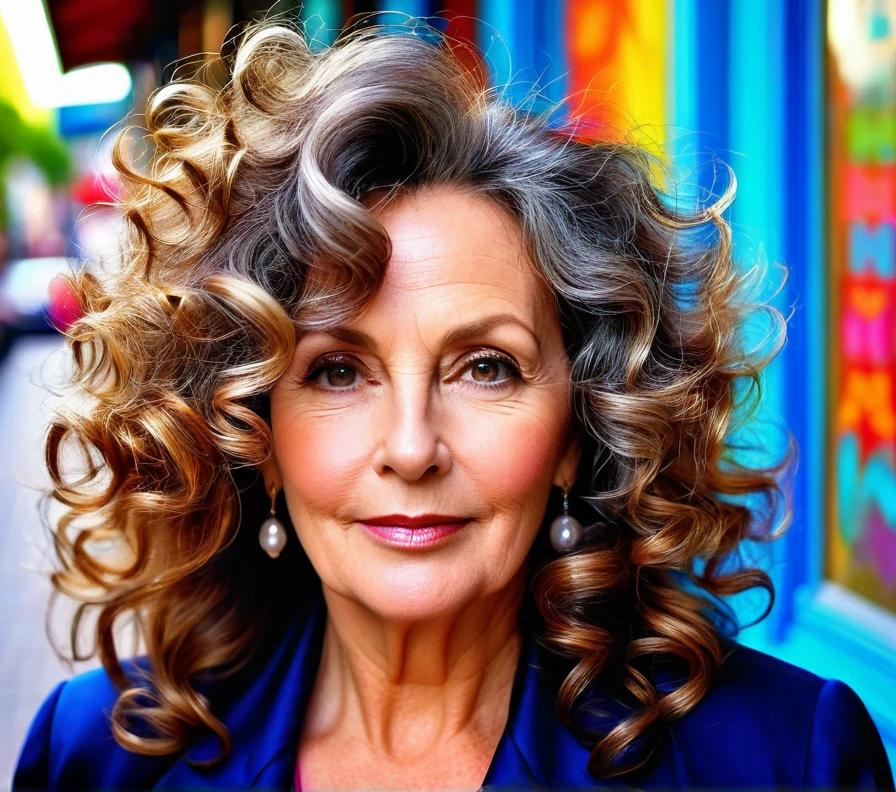 Big, voluminous curls ideal for women over 50 with round faces, balancing out the roundness of the face.