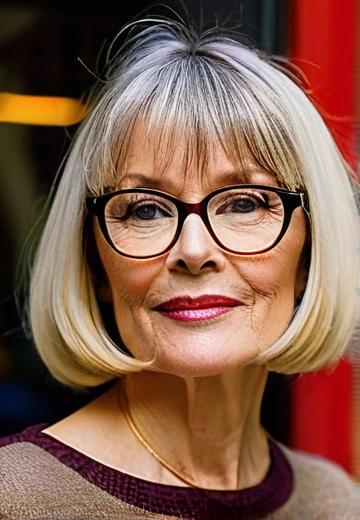 Blonde Bob with Full Bangs Hairstyle for Women Over 50 with Glasses.