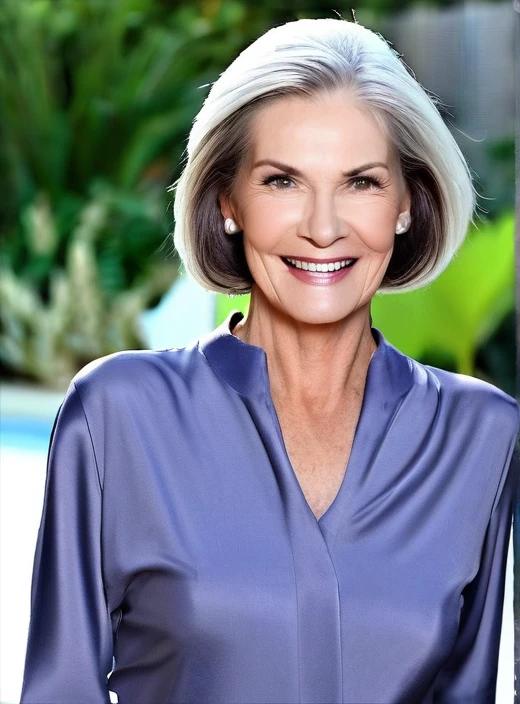 Blunt cut medium-length hairstyle for women over 60, featuring a sleek and sophisticated straight cut.