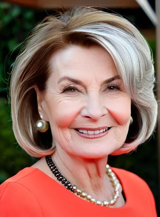 Blunt lob medium-length hairstyle for women over 60, featuring clean and sharp lines for a modern look.