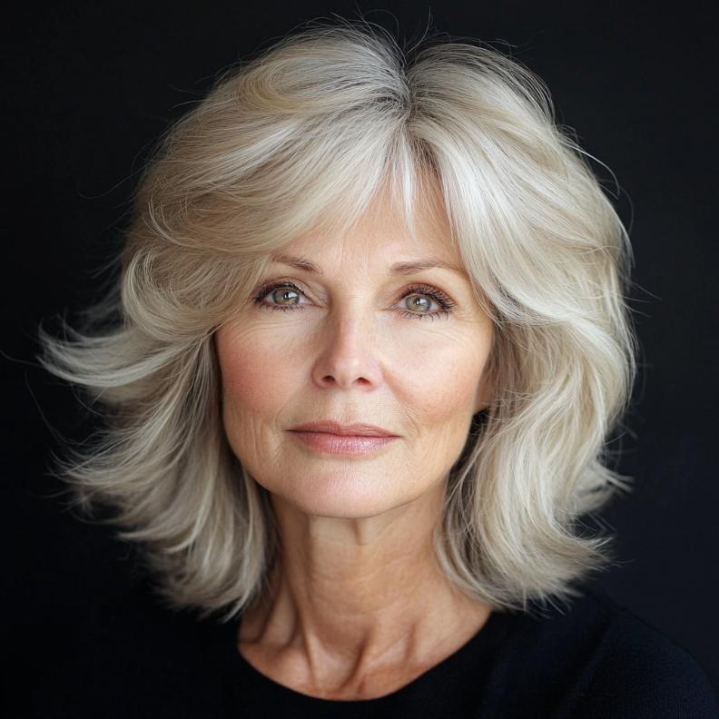 Blunt shag hairstyle for women over 60 with subtle layers, combining sharpness with softness for a polished look