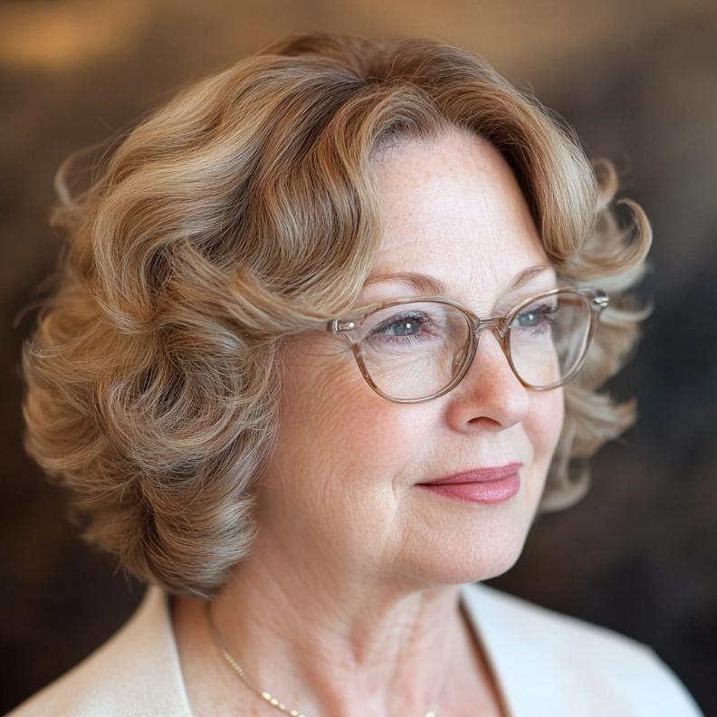 Bob cut with curled ends for women over 70 with glasses, adding a vintage-inspired flair to the hairstyle.