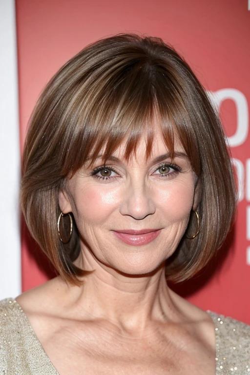 Bob haircut with side-swept bangs for women over 50 with fine hair, offering a classic and soft style