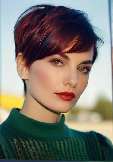 Bold pixie cut with long bangs, making a statement for women over 40.