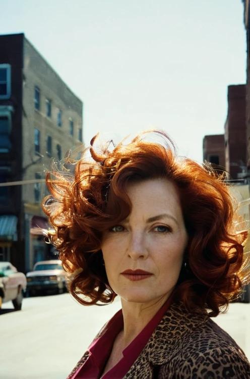 Bold voluminous copper curls that bring a rich, warm tone to women over 40.