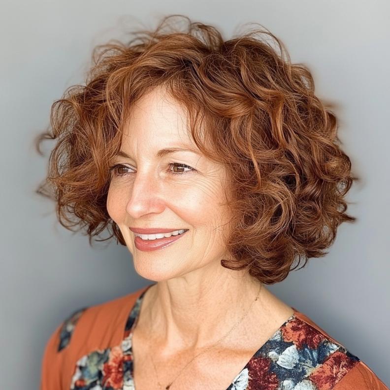 Bouncy Curly Bob for women over 50, enhancing natural curls with a short and lively bob cut.