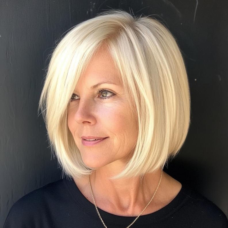 Bright Blonde Bob for women over 50, with a sunny blonde hue that adds freshness and vibrancy.