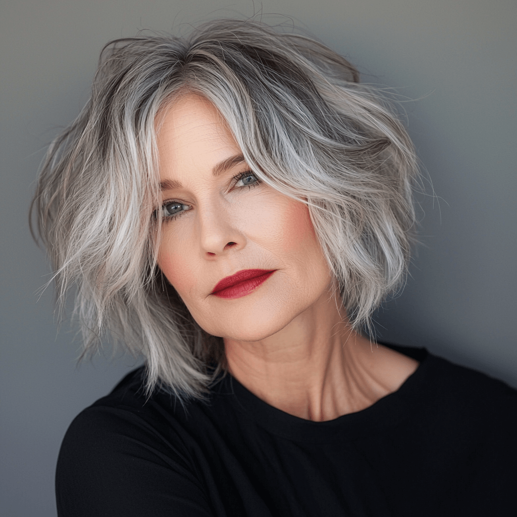 Carefree Messy Bob for women over 50, with a tousled, undone texture that exudes effortless style.