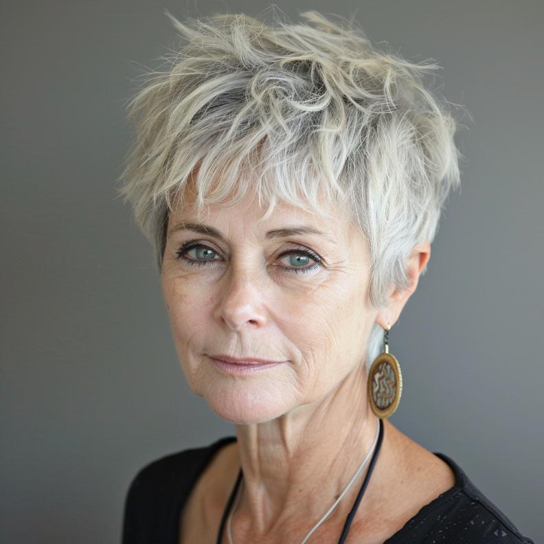 Casual Messy Pixie for Women Over 60 with Fine Hair, featuring a carefree, textured style.