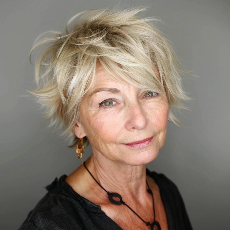 Casual Shaggy Pixie for Women Over 60 with Fine Hair, offering a youthful, textured appearance.