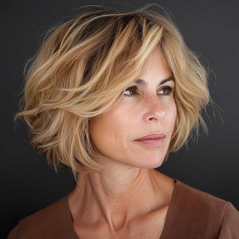 Casual Tousled Bob for women over 50, with a deliberately messy, tousled texture that adds effortless charm.