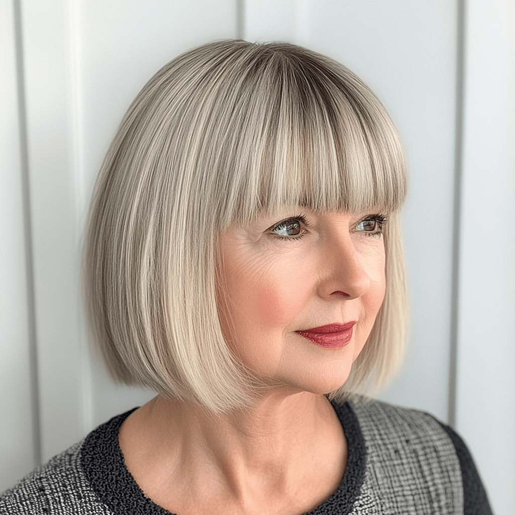 Chic Bob with a Fringe for women over 50, highlighting a full fringe that frames the face with style.