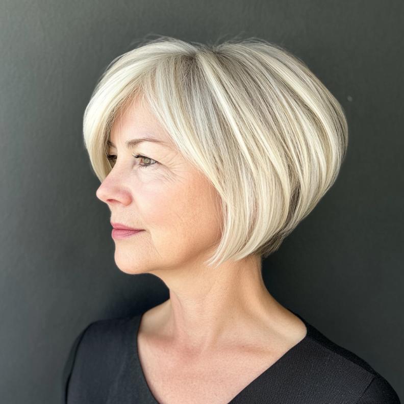 Chic Inverted Bob for women over 50, with a shorter back and longer front, creating a modern and sophisticated silhouette.