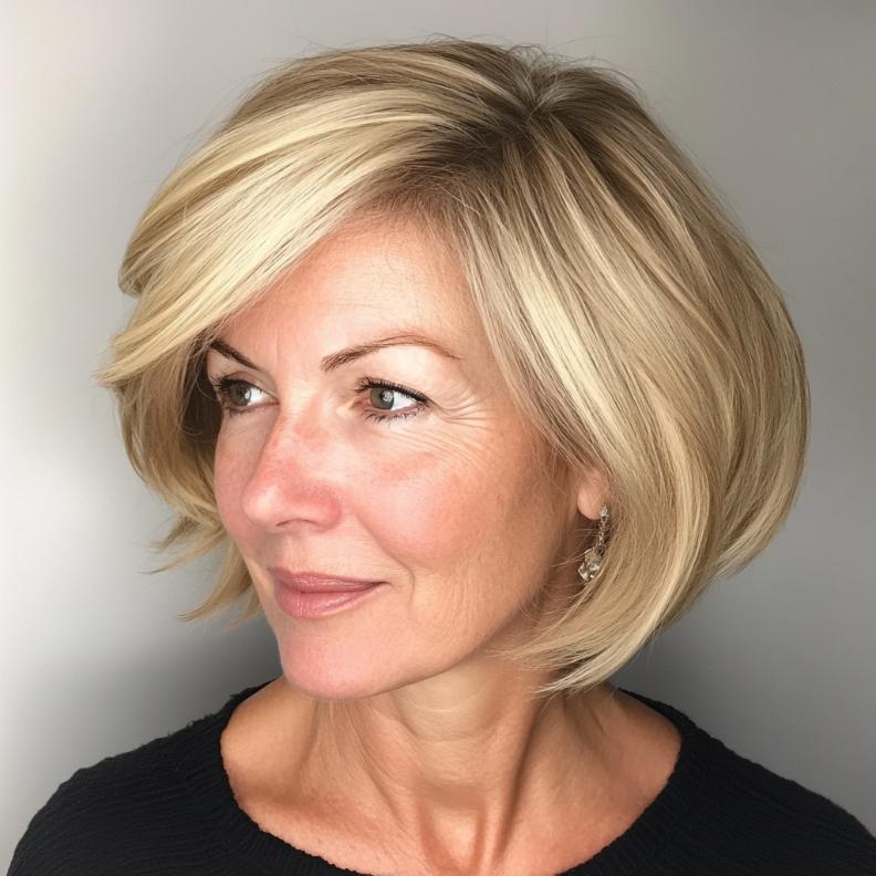 Chic Side-Parted Bob for women over 50, featuring a deep side part for a sophisticated and polished look.