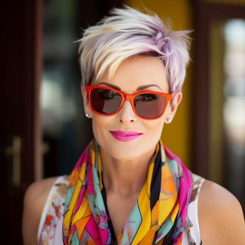 Chic, sleek pixie with a side part for women over 50, offering a modern and refined look for thick hair.