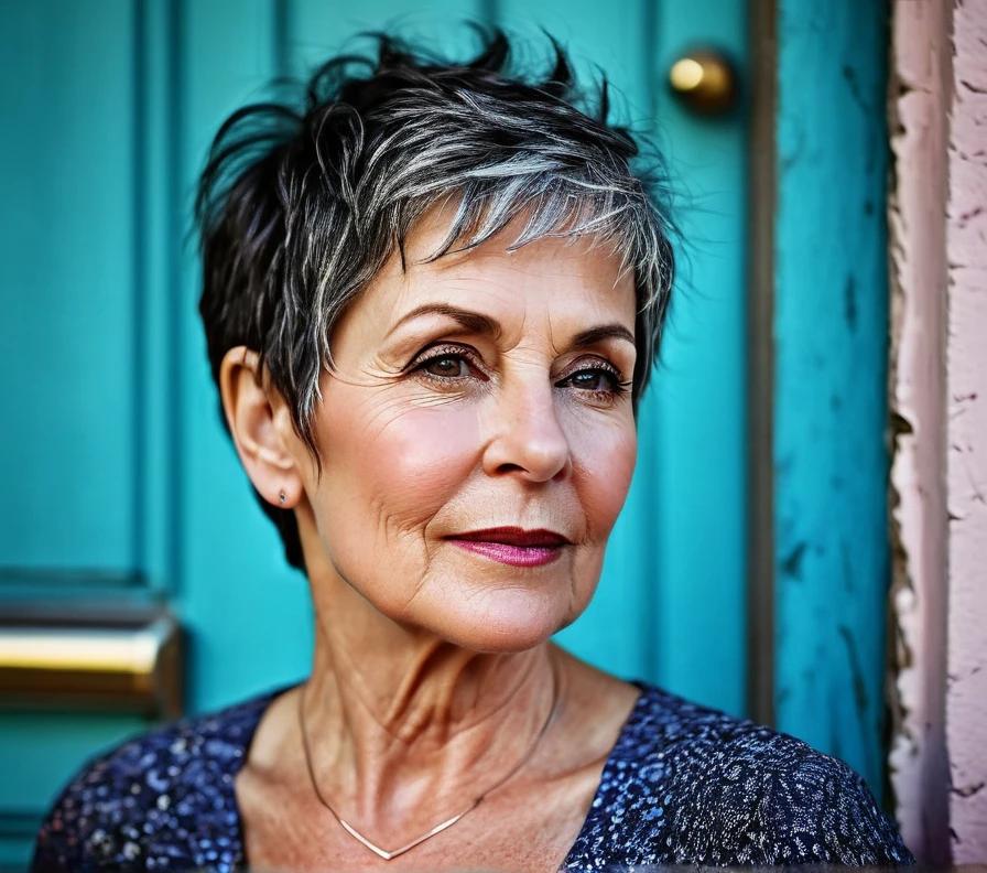 Chic textured pixie cut for women over 50, offering a modern and stylish look for thick hair.