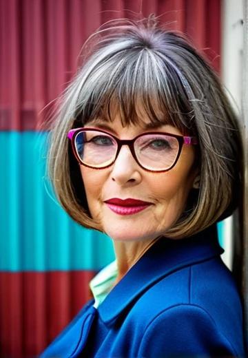 Chin-Length Bob with Bangs Hairstyle for Women Over 50 with Glasses.