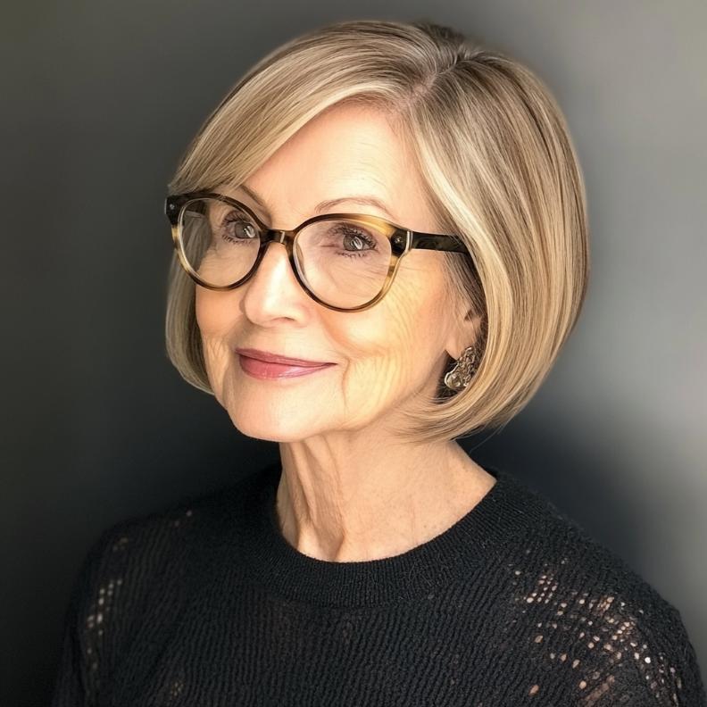 Chin-length bob with a side part for women over 70 with glasses, offering an elegant and flattering style