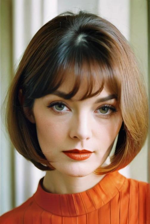 Chin-length bob with wispy bangs, giving a soft, delicate touch to a 60-year-old woman's refined style.