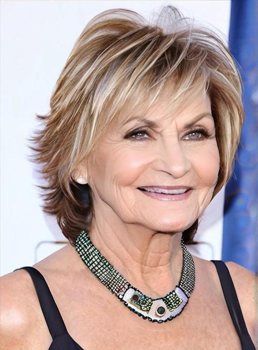 Choppy layers medium-length hairstyle for women over 60, adding edge and dimension with choppy cuts.