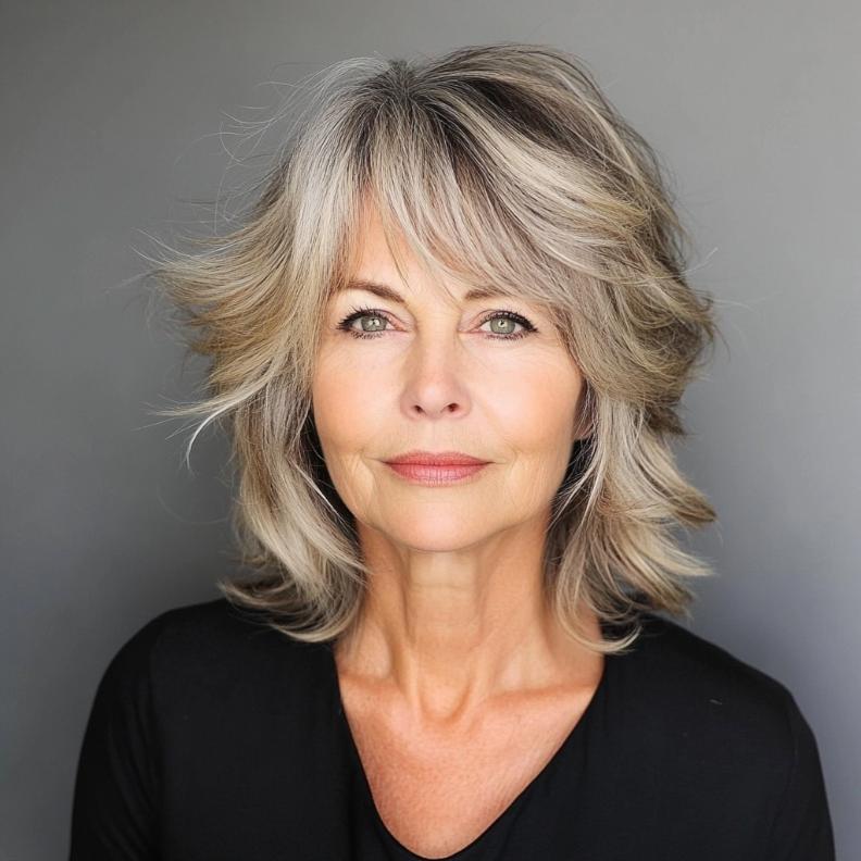 Choppy shag hairstyle for women over 60 with textured ends, offering a modern and edgy look