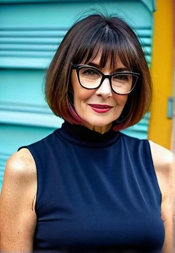 Classic Bob with Bangs Hairstyle for Women Over 50 with Glasses.