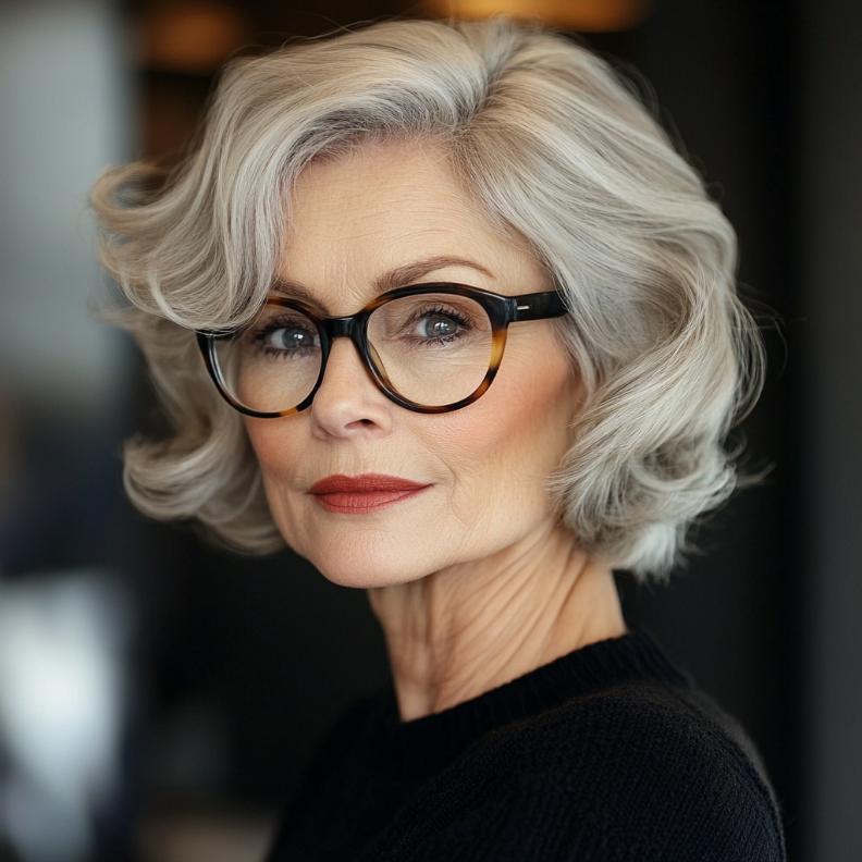 Classic bob with side part and waves for women over 70 with glasses, combining elegance with easy maintenance.