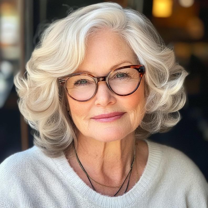 Classic bob with soft curls for women over 70 with glasses, adding a gentle and feminine touch.