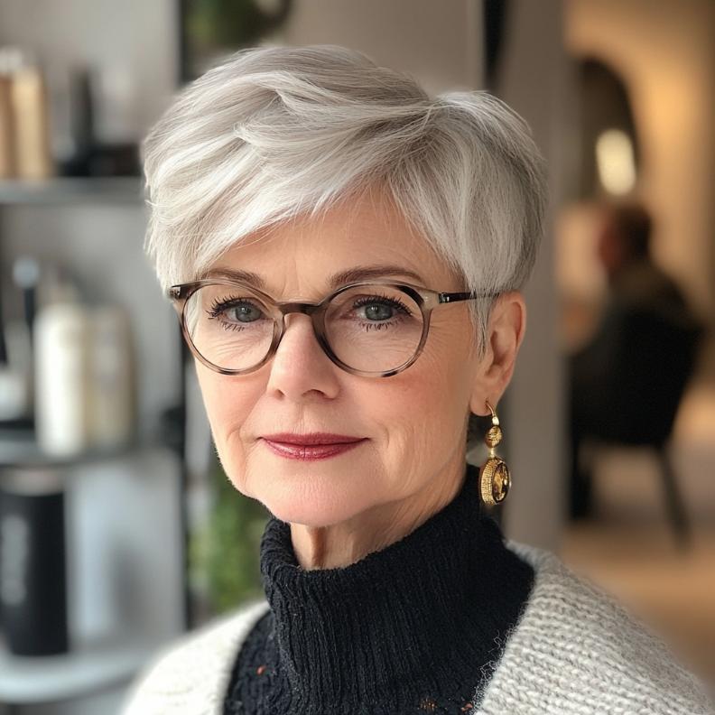 Classic pixie cut hairstyle for women over 70 with glasses, highlighting a chic and timeless look.