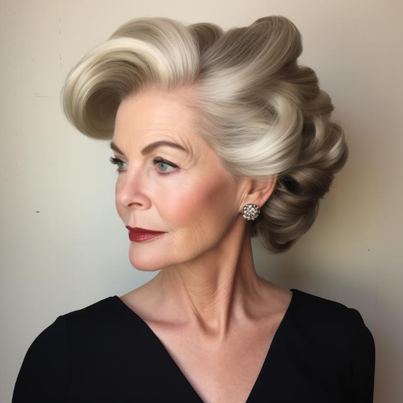 Classic roll with a modern twist for women over 50, a sophisticated updo that showcases thick hair.