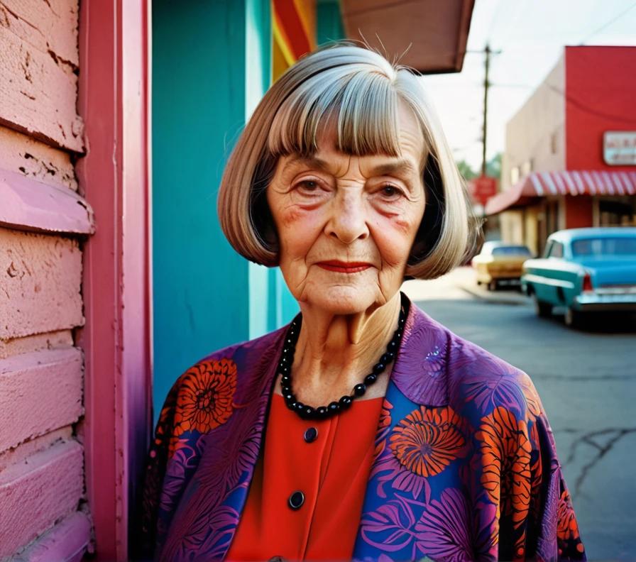 Confident elderly woman with a blunt bob and fringe, embracing modern style.