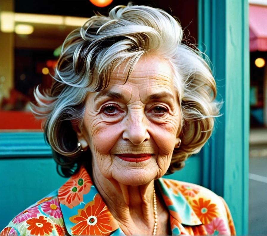 Confident elderly woman with a textured shag hairstyle, full of personality.