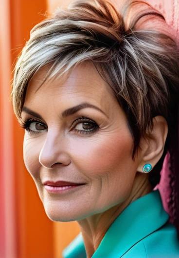 Confident woman over 50 with a messy pixie cut and long side bangs, adding a relaxed and chic vibe to her look.