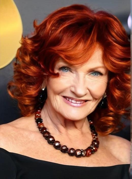 Copper red loose curls medium-length hairstyle for women over 60, showcasing vibrant red hair with soft curls